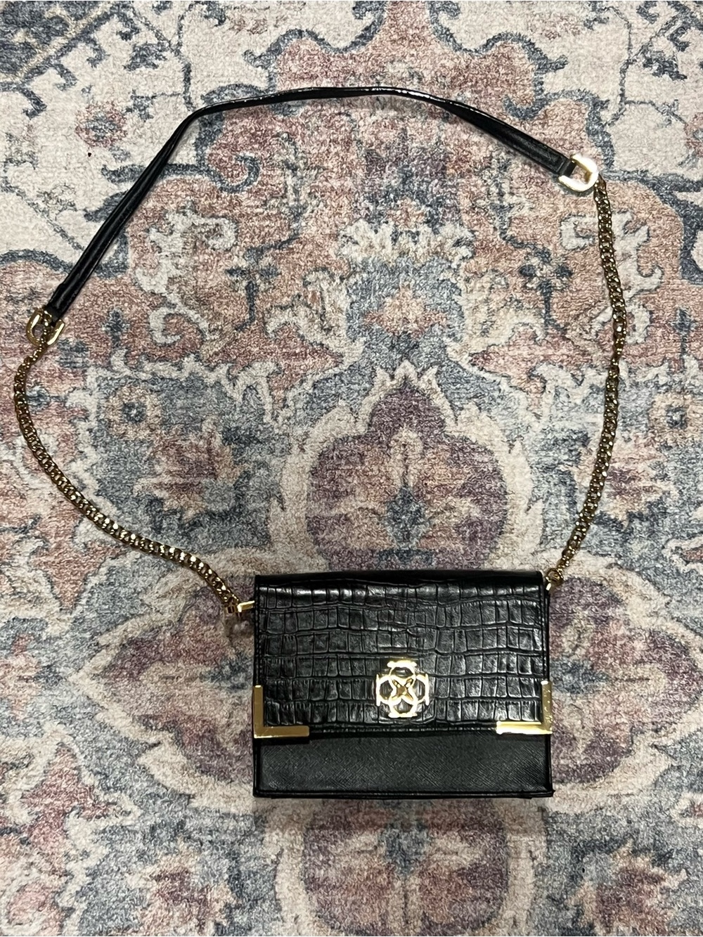 Ann Taylor Black Crossbody Bag with Gold Chain and Emblem